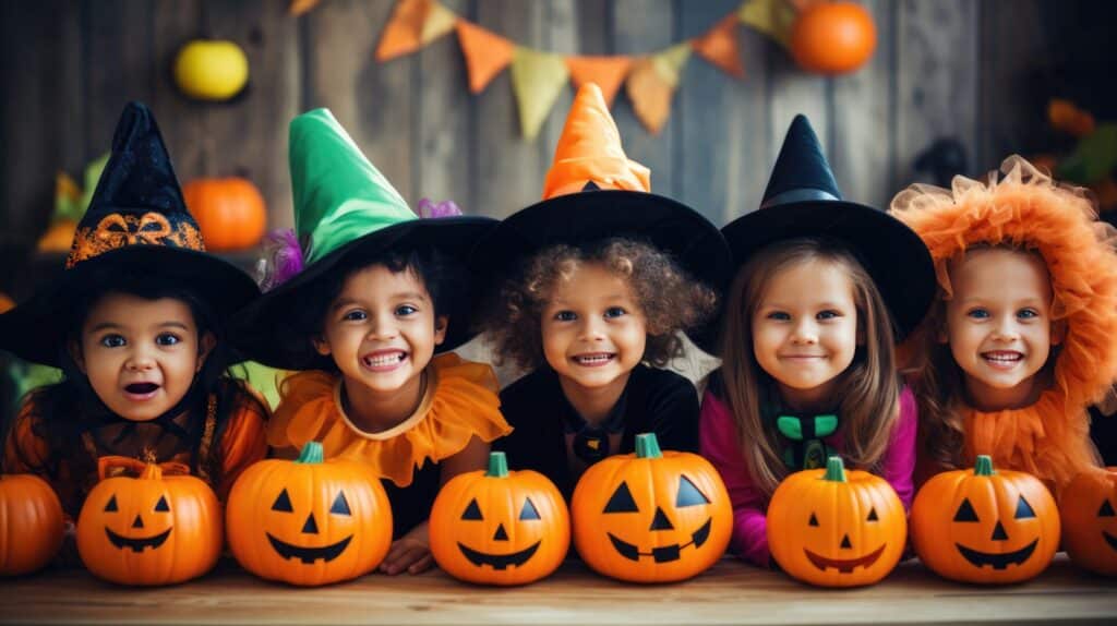 Children in a classroom dressed in Halloween costumes